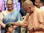 Uttar Pradesh chief minister Yogi Adityanath at the golden jubilee celebrations of Bharatendu Natya Akademi in Lucknow on Sunday. (PTI PHOTO)