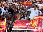 Tamilaga Vettri Kazhagam (TVK) chief Vijay waves the party flag during a public rally at Kolathur Assembly constituency ahead of Tamil Nadu Assembly Election, in Chennai. (PTI Photo/R Senthilkumar)(PTI03_30_2026_000282A)