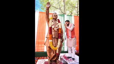Haryana Chief Minister Nayab Singh Saini pays tributes to Atal Bihari Vajpayee during an event marking the Bharatiya Janata Party's foundation day, in Gurugram, on Monday. (PTI) Haryana Chief Minister Nayab Singh Saini pays tributes to Atal Bihari Vajpayee during an event marking the Bharatiya Janata Party's foundation day, in Gurugram, on Monday. (PTI)