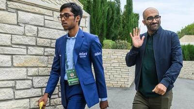 India’s R Praggnanandhaa with his second Vaibhav Suri at the Candidates in Paphos, Cyprus. (Michal Walusza/FIDE) India’s R Praggnanandhaa with his second Vaibhav Suri at the Candidates in Paphos, Cyprus. (Michal Walusza/FIDE)