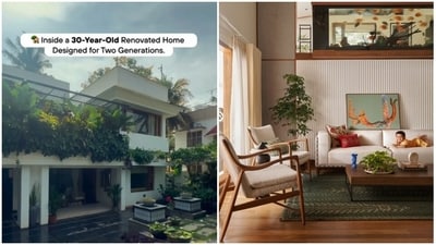 A 30-year-old home in Trivandrum has been transformed with a double-height ceiling and a built-in aquarium. (Instagram/ archpro.live)
