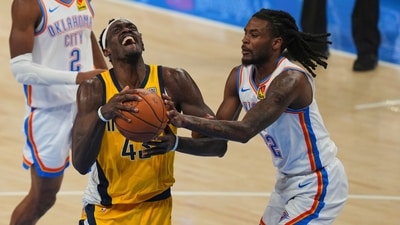 Indiana Pacers forward Pascal Siakam (43) drives as Oklahoma City Thunder guard Cason Wallace defends during the first half of Game 5 of the NBA Finals basketball series. (AP) Indiana Pacers forward Pascal Siakam (43) drives as Oklahoma City Thunder guard Cason Wallace defends during the first half of Game 5 of the NBA Finals basketball series. (AP)