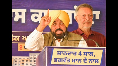 Punjab CM Bhagwant Mann speaks during a developmental rally in Patiala on Monday. (ANI)