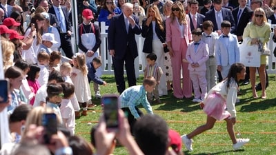 Trump and Melania participate in the White House Easter Egg Roll on the South Lawn of the White House, Monday, April 6, 2026, in Washington. (AP Photo/Julia Demaree Nikhinson) (AP) Trump and Melania participate in the White House Easter Egg Roll on the South Lawn of the White House, Monday, April 6, 2026, in Washington. (AP Photo/Julia Demaree Nikhinson) (AP)