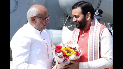 Vice-President CP Radhakrishnan receives a warm welcome from Haryana CM Nayab Singh Saini on his arrival in Sonepat on Monday. (Manoj Dhaka/HT) Vice-President CP Radhakrishnan receives a warm welcome from Haryana CM Nayab Singh Saini on his arrival in Sonepat on Monday. (Manoj Dhaka/HT)