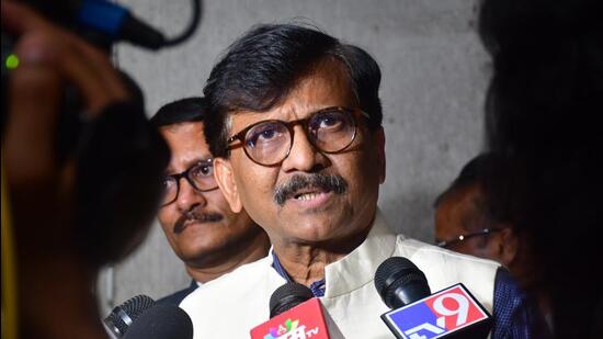 Mumbai, India – Sep 26, 2024: Shivsena (UBT) leader Sanjay Raut addressing media outside Saamana office, in Mumbai, India, on Thursday, Sept 26, 2024. (Photo by Bhushan Koyande/HT Photo)