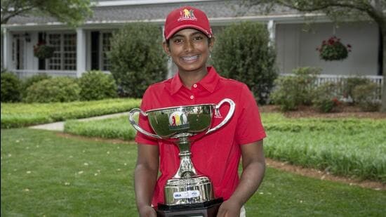 Nirvika Koduru, a US golfer of Indian origin, with the trophy after winning the girls’ 14-15 age group title of the Drive, Chip and Putt National Finals at the Augusta National Golf Club on Sunday. (David Paul Morris/Augusta National)