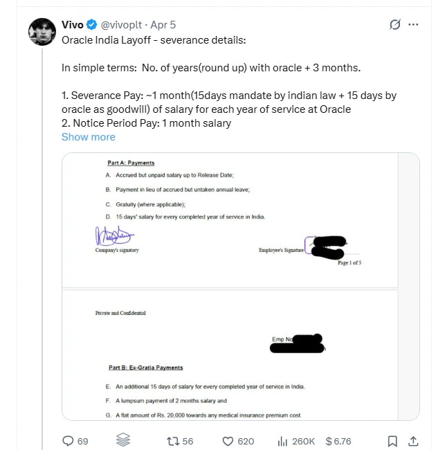 As Oracle lays off thousands of employees in India, unverified details on severance packages, including salary and leave encashment, have surfaced on social media. As Oracle lays off thousands of employees in India, unverified details on severance packages, including salary and leave encashment, have surfaced on social media.