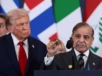 US President Donald Trump looks at Pakistan's Prime Minister Shehbaz Sharif at the official signing of the Gaza ceasefire agreement in Egypt in 2025, where Sharif profusely praised Trump.