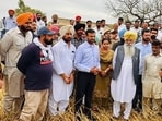Punjab agriculture minister Gurmeet Singh Khudian inspecting flattened wheat crops in Muktsar on Tuesday. (HT)