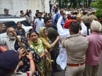 Residents protesting against Chandigarh housing board demolition drive in sector 45. (Ravi Kumar)