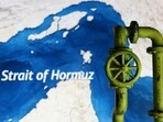 A map showing the Strait of Hormuz and a 3D printed oil pipeline are seen in this illustration.