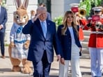 First Lady Melania Trump, right, and US President Donald Trump, during the Easter Egg Roll on the South Lawn of the White House in Washington, DC, US, on Monday, April 6, 2026. Photographer: Daniel Heuer/Bloomberg