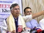 Congress leader Pawan Khera addresses a press conference for the upcoming assembly elections
