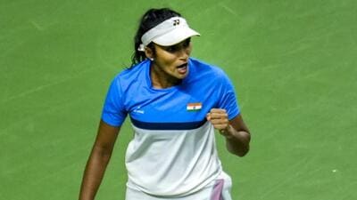 India's Sahaja Yamalapalli reacts during her second singles match against Thailand's Patcharin Cheapchandej in the Billie Jean King Cup Asia/Oceania Group I tie at the DLTA stadium in New Delhi on Tuesday. (PTI) India's Sahaja Yamalapalli reacts during her second singles match against Thailand's Patcharin Cheapchandej in the Billie Jean King Cup Asia/Oceania Group I tie at the DLTA stadium in New Delhi on Tuesday. (PTI)