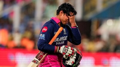 Vaibhav Sooryavanshi’s whirlwind 14-ball 39 came to an endafter powerplay, as he left the ground visibly upset. (PTI) Vaibhav Sooryavanshi’s whirlwind 14-ball 39 came to an endafter powerplay, as he left the ground visibly upset. (PTI)