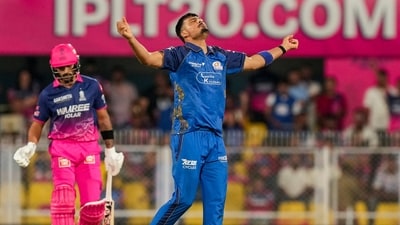 Allah Ghazanfar was the pick of the bowlers for Mumbai Indians with two wickets of Dhruv Jurel and Riyan Parag. (PTI) Allah Ghazanfar was the pick of the bowlers for Mumbai Indians with two wickets of Dhruv Jurel and Riyan Parag. (PTI)