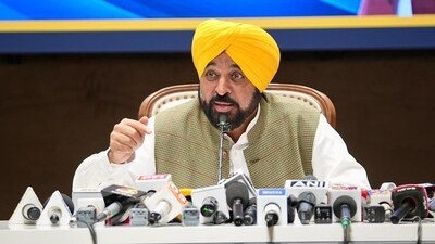 Punjab CM Bhagwant Mann addresses a press conference in Chandigarh. Punjab CM Bhagwant Mann addresses a press conference in Chandigarh.