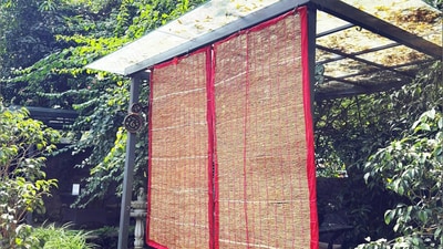 A vetiver curtain gently cooled with water releases a woody fragrance while soft summer breezes pass through the woven roots. A vetiver curtain gently cooled with water releases a woody fragrance while soft summer breezes pass through the woven roots.