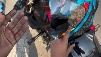 A biker posted a viral clip showing helmet damage from manja, saying it saved him from injury. (Instagram/thatwanabeinfluencer) A biker posted a viral clip showing helmet damage from manja, saying it saved him from injury. (Instagram/thatwanabeinfluencer)