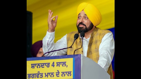 CM Bhagwant Mann addressing a gathering at Sham Chaurasi assembly constituency in Hoshiarpur on Tuesday. (ANI)
