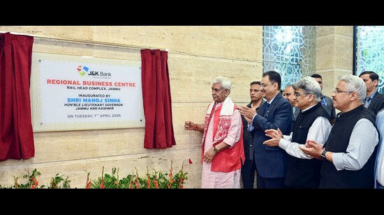 Jammu and Kashmir Lieutenant Governor Manoj Sinha inaugurates J&K Bank’s Regional Business Centre, in Jammu on Tuesday. (ANI)