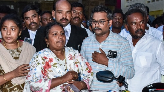 Family members of Jayaraj and his son Bennix, who died after alleged police assault in Sathankulam, address a press conference, in Madurai, Monday, April 6, 2026. (PTI)