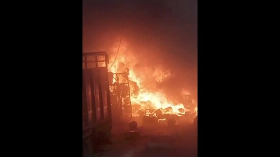 The first fire broke out at around 5.58 am at Gyan Hosiery in Ghosgarh on Rahon Road. (HT Photo)