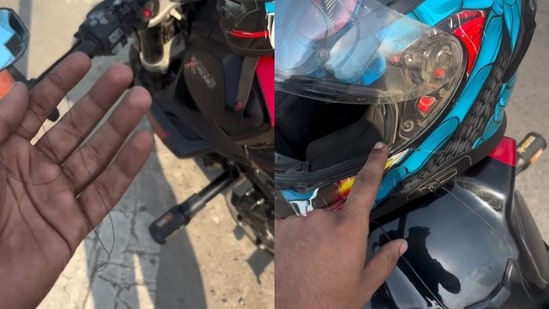 A biker posted a viral clip showing helmet damage from manja, saying it saved him from injury. (Instagram/thatwanabeinfluencer)