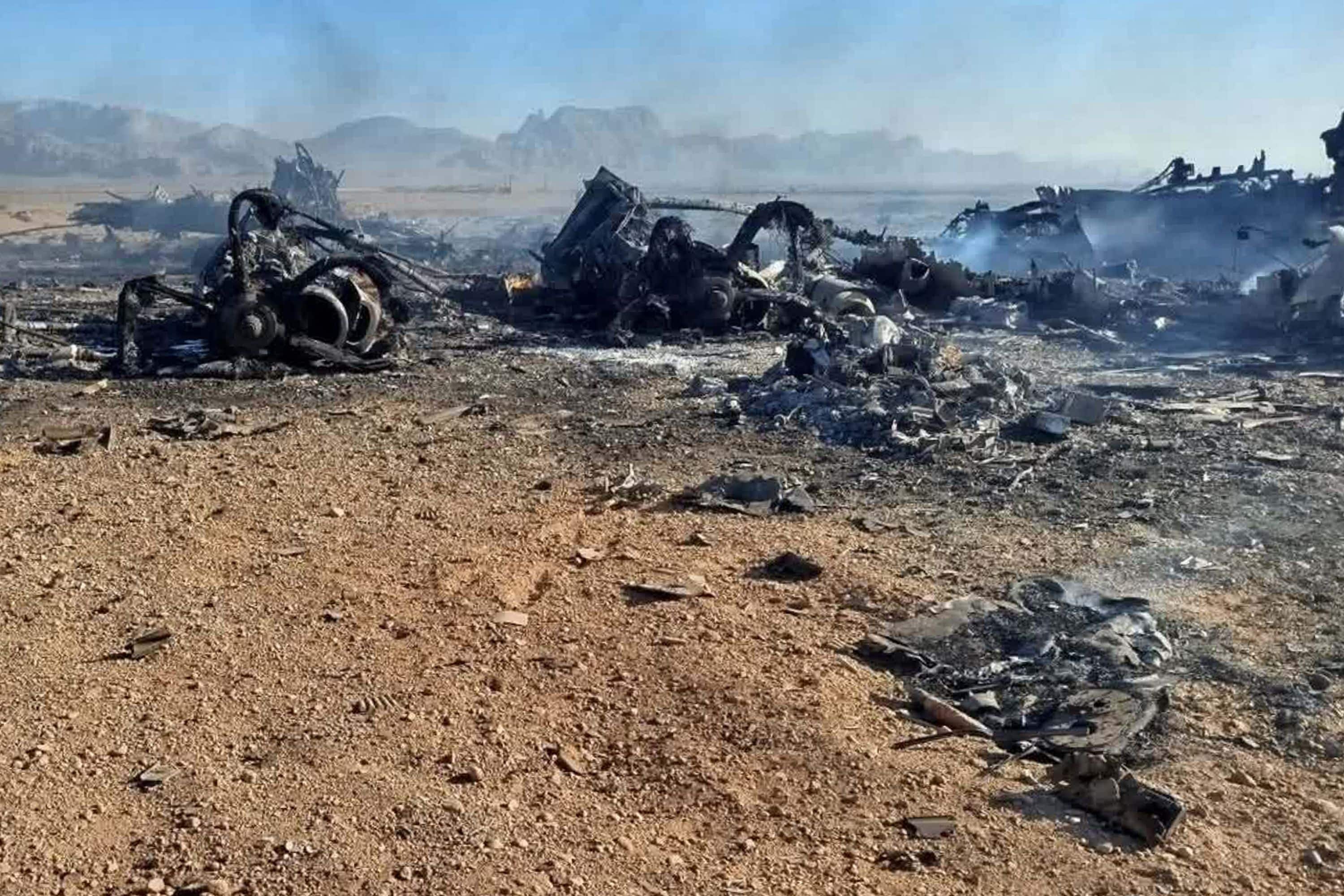This handout photo provided by Iran's Revolutionary Guard Corps (IRGC) official website Sepah News on April 5, 2026 reportedly shows the wreckage and remains of targeted and crashed aircraft in central Iran. (AFP) This handout photo provided by Iran's Revolutionary Guard Corps (IRGC) official website Sepah News on April 5, 2026 reportedly shows the wreckage and remains of targeted and crashed aircraft in central Iran. (AFP)