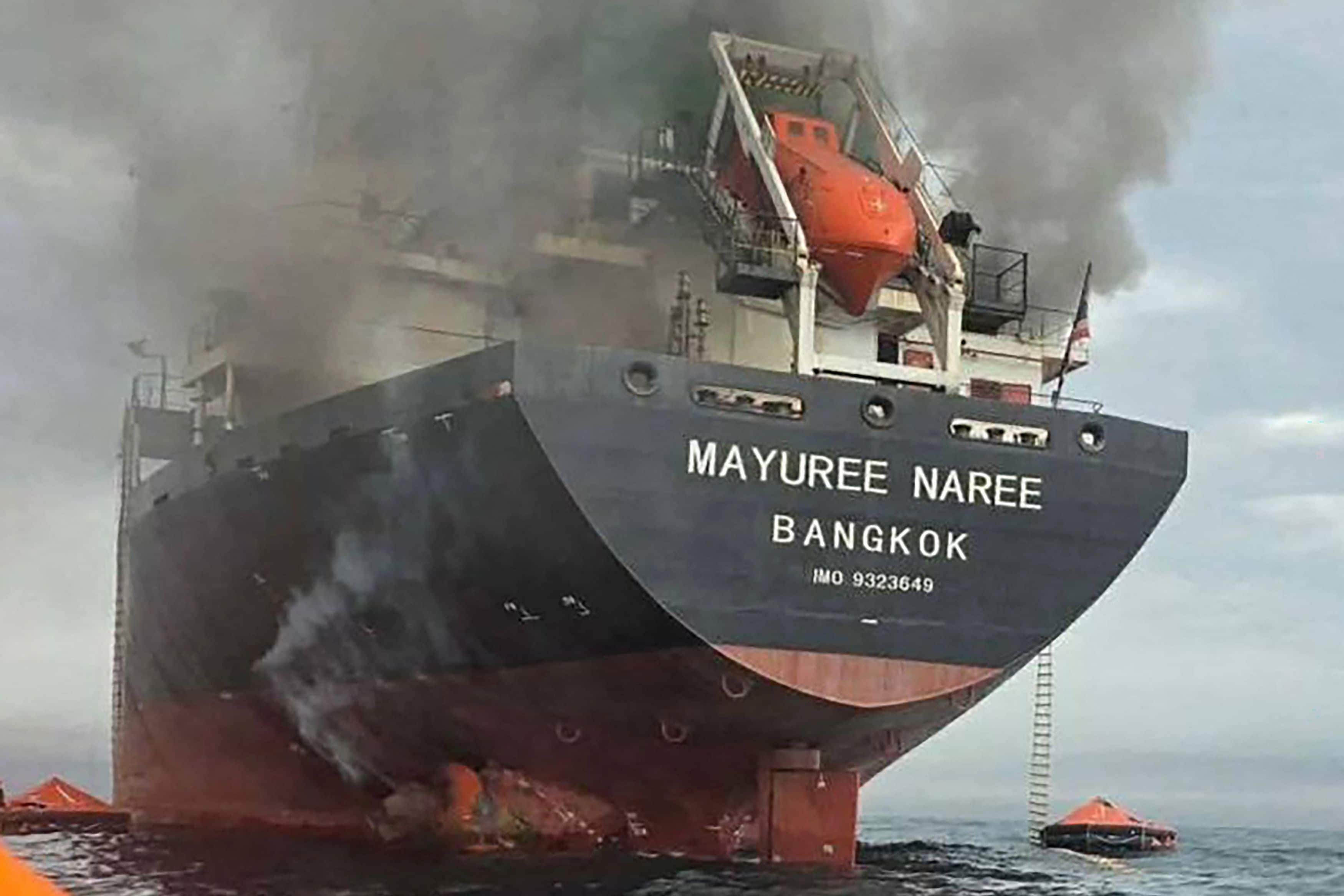 Smoke rising from the Thai bulk carrier 'Mayuree Naree' near the Strait of Hormuz after an attack. Several vessels and ships have been attacked near the Strait since the US-Iran war began. (AFP) Smoke rising from the Thai bulk carrier 'Mayuree Naree' near the Strait of Hormuz after an attack. Several vessels and ships have been attacked near the Strait since the US-Iran war began. (AFP)