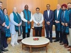 Gujarat Deputy Chief Minister Harsh Sanghavi welcomes President of Commonwealth Sport Donald Rukare and the delegation along with IOA on Wednesday. (ANI)
