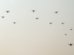 Pathankot: Indian Army drones fly in formation during an operational demonstration showcasing the Western Command's combat readiness and networked battlefield systems at Dhyan Chand Stadium, in Pathankot, Punjab earlier this year. (PTI Photo)