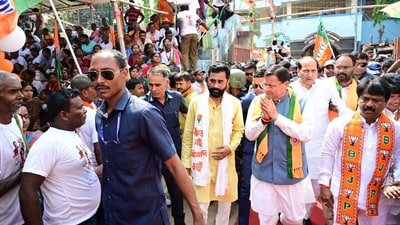 Uttarakhand Chief Minister Pushkar Singh Dhami during a BJP campaign programme in Bangaon, North 24 Parganas, ahead of the West Bengal assembly elections. He also took part in nomination-related events for party candidates from nearby constituencies. Uttarakhand Chief Minister Pushkar Singh Dhami during a BJP campaign programme in Bangaon, North 24 Parganas, ahead of the West Bengal assembly elections. He also took part in nomination-related events for party candidates from nearby constituencies.