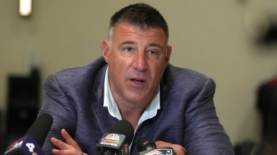 New England Patriots head coach Mike Vrabel speaks to reporters at the NFL football annual meetings (AP)