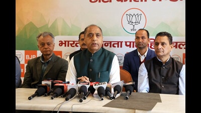 Himachal Pradesh leader of Opposition Jai Ram Thakur addressing mediapersons in Mandi on Wednesday. (Birbal Sharma/HT) Himachal Pradesh leader of Opposition Jai Ram Thakur addressing mediapersons in Mandi on Wednesday. (Birbal Sharma/HT)