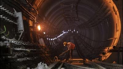 Pune, India - January 18, 2023: A man works in a tunnel near Civil Court underground metro station, in Pune, India, on Wednesday, January 18, 2023. (Photo by Pratham Gokhale/Hindustan Times) (Pratham Gokhale/HT Photo) Pune, India - January 18, 2023: A man works in a tunnel near Civil Court underground metro station, in Pune, India, on Wednesday, January 18, 2023. (Photo by Pratham Gokhale/Hindustan Times) (Pratham Gokhale/HT Photo)