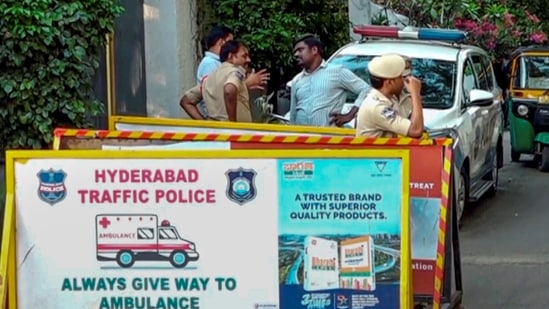 Hyderabad: Police personnel stand guard outside the residence of Congress leader Pawan Khera, in Hyderabad, Telangana, Wednesday, April 8, 2026. (PTI)