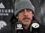 Pittsburgh Steelers quarterback Aaron Rodgers speaks during a press conference after an NFL wild-card playoff football game Pittsburgh Steelers quarterback Aaron Rodgers speaks during a press conference after an NFL wild-card playoff football game