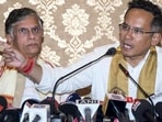 Senior Congress leader Pawan Khera (left) with Assam Congress president Gaurav Gogoi in Guwahati on April 5. (PTI)