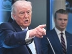 US President Donald Trump, alongside Secretary of Defense Pete Hegseth, speaks about the conflict in Iran in the James S. Brady Press Briefing Room of the White House on April 6, 2026, in Washington, DC. 