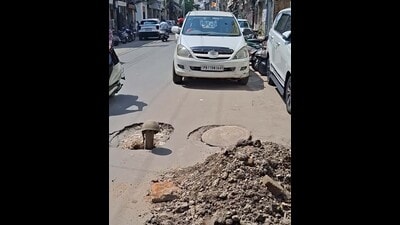 The cave in near Arya School Road in Ludhiana. (HT Photo)