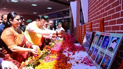Uttarakhand CM Pushkar Singh Dhami pays tribute to the martyrs at a felicitation ceremony in Khatima.