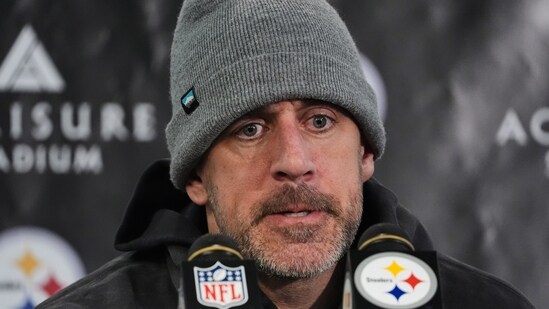 Pittsburgh Steelers quarterback Aaron Rodgers speaks during a press conference after an NFL wild-card playoff football game(AP)
