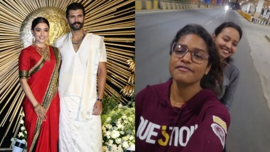 Rashmika Mandanna wearing a Mysore silk saree; Shourya and Pooja on their way to the KSIC stake out.