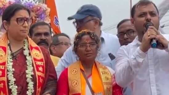 Ratna Debnath was accompanied by senior BJP leader and former Union minister Smriti Irani and district party leaders. (X/ @PTI_News)