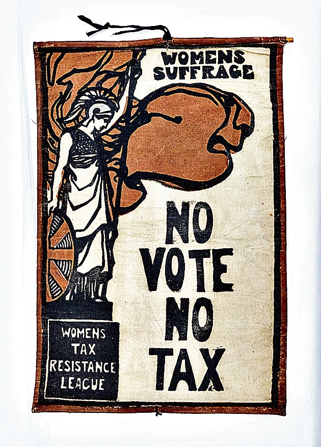 The ‘No Vote, No Tax’ banner from the 1908 suffrage movement in which Princess Sophia played a leading role and was summoned to court for refusing to pay her taxes three times. (Museum of London) The ‘No Vote, No Tax’ banner from the 1908 suffrage movement in which Princess Sophia played a leading role and was summoned to court for refusing to pay her taxes three times. (Museum of London)