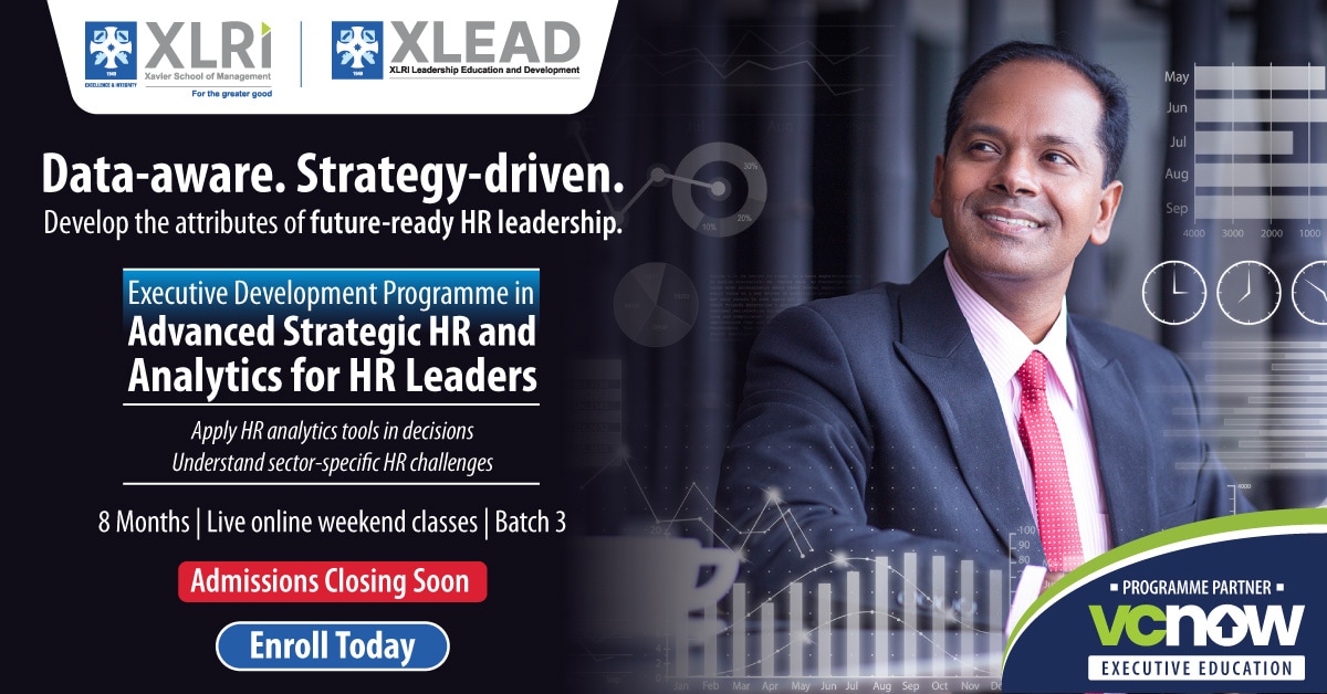 Learn to combine data awareness with structured, strategic thinking to lead HR initiatives with the Executive Development Programme in Advanced Strategic HR and Analytics for HR Leaders. (XLRI) Learn to combine data awareness with structured, strategic thinking to lead HR initiatives with the Executive Development Programme in Advanced Strategic HR and Analytics for HR Leaders. (XLRI)