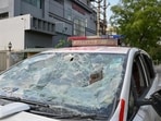 A damaged a police PCR van seen after the protest on Thursday (Parveen Kumar/HT) A damaged a police PCR van seen after the protest on Thursday (Parveen Kumar/HT)
