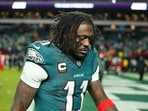A.J. Brown #11 of the Philadelphia Eagles walks off the field after his team's 23-19 loss against the San Francisco 49ers 